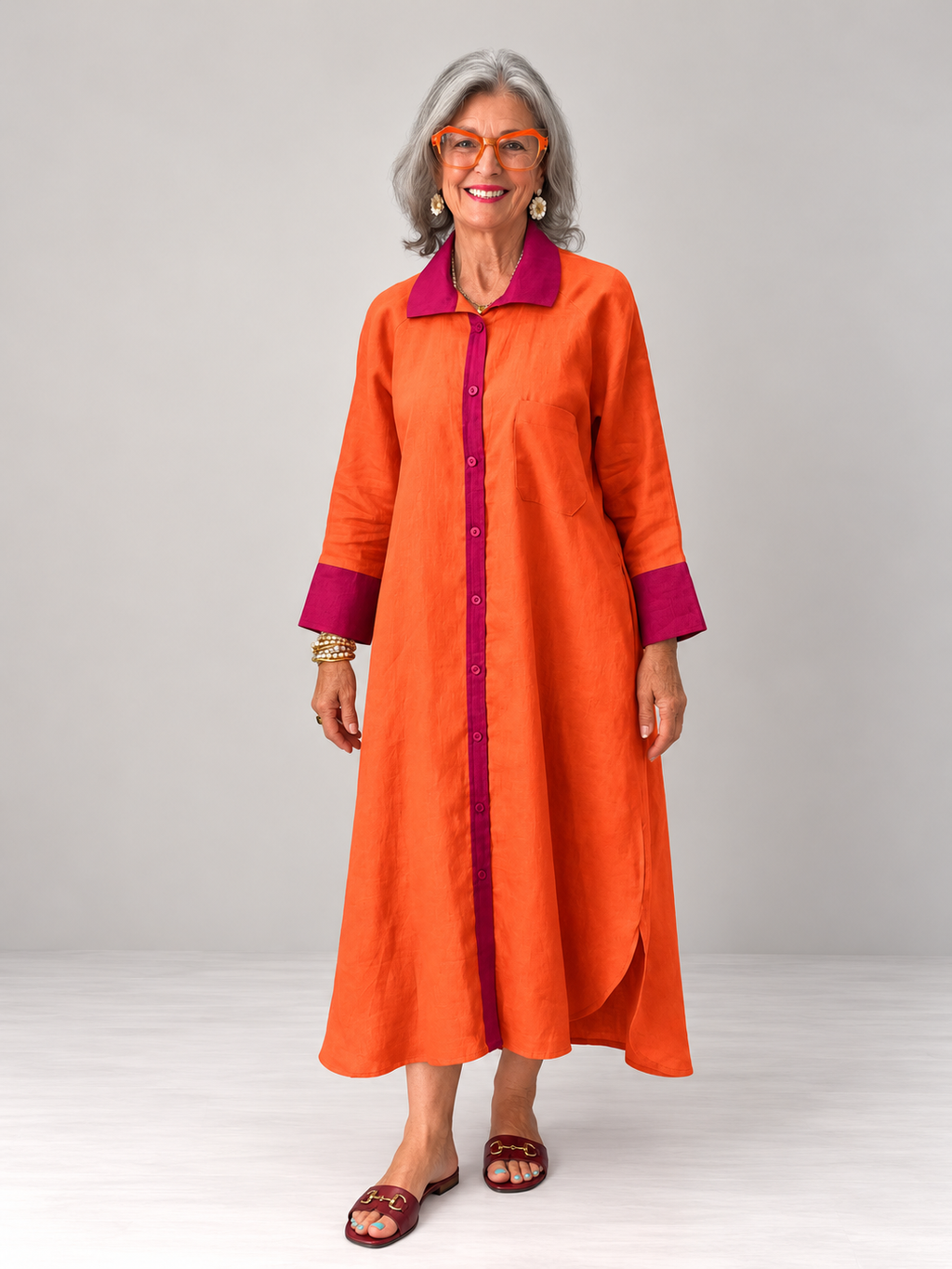 River Indigo Dress- Contrast Orange